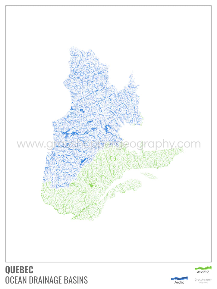 Quebec - Mapa de la cuenca hidrográfica del océano, blanco con leyenda v1 - Impresión artística con colgador