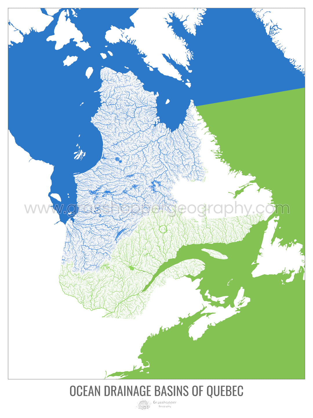 Quebec - Ocean drainage basin map, white v2 - Framed Print