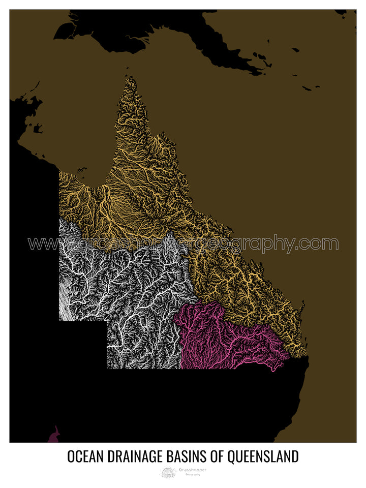 Queensland - Mapa de la cuenca hidrográfica del océano, negro v2 - Impresión artística con colgador