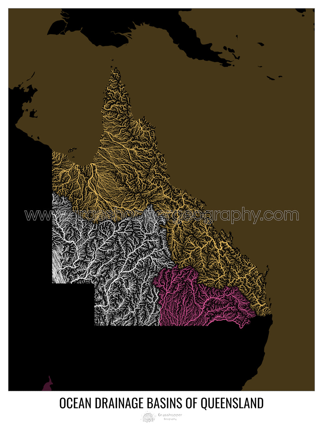 Queensland - Mapa de la cuenca de drenaje oceánico, negro v2 - Lámina enmarcada