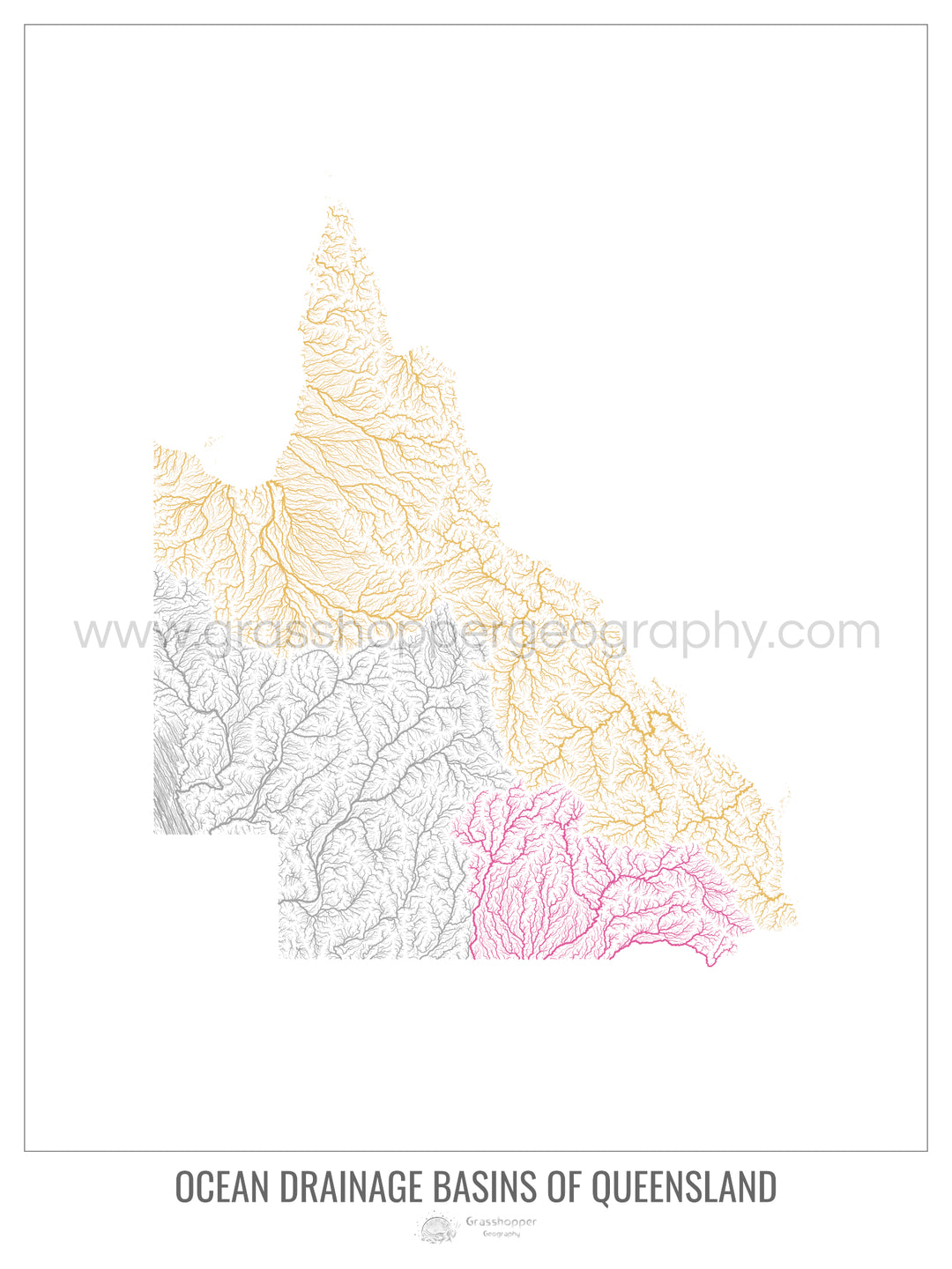 Queensland - Mapa da bacia de drenagem oceânica, branco v1 - Impressão de belas artes com cabide