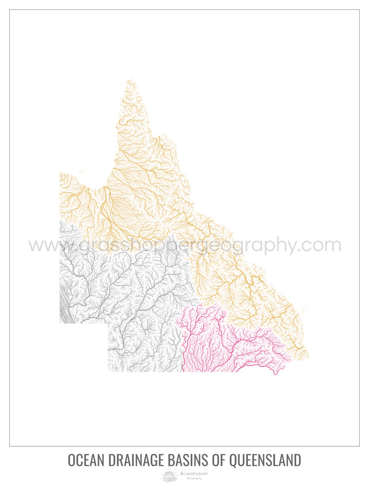 Queensland - Carte du bassin versant océanique, blanc v1 - Tirage d'art avec cintre
