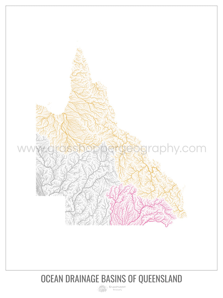 Queensland - Mapa da bacia de drenagem oceânica, branco v1 - Impressão de belas artes com cabide