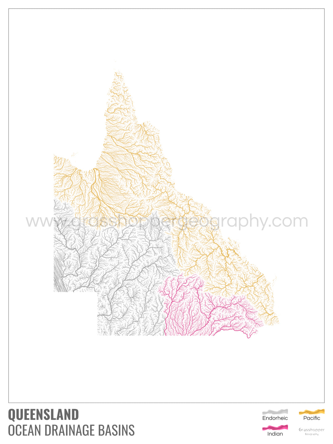 Queensland - Carte du bassin versant océanique, blanche avec légende v1 - Tirage d'art avec cintre