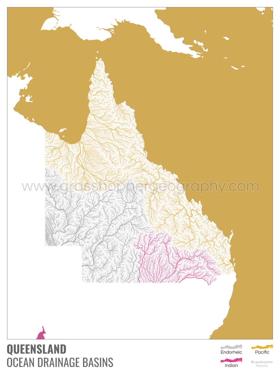 Queensland - Carte du bassin versant océanique, blanche avec légende v2 - Tirage d'art avec cintre