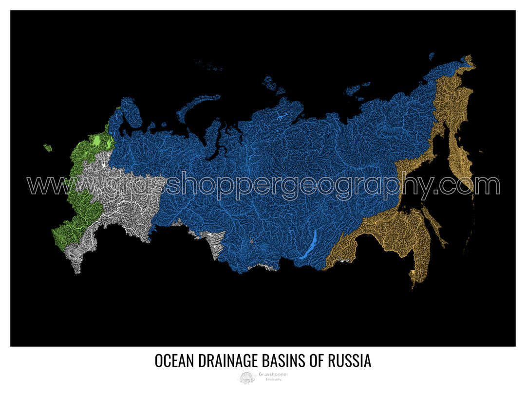 Russia - Ocean drainage basin map, black v1 - Framed Print