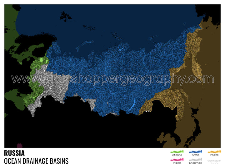 Russie - Carte des bassins versants océaniques, noire avec légende v2 - Tirage d'art avec cintre