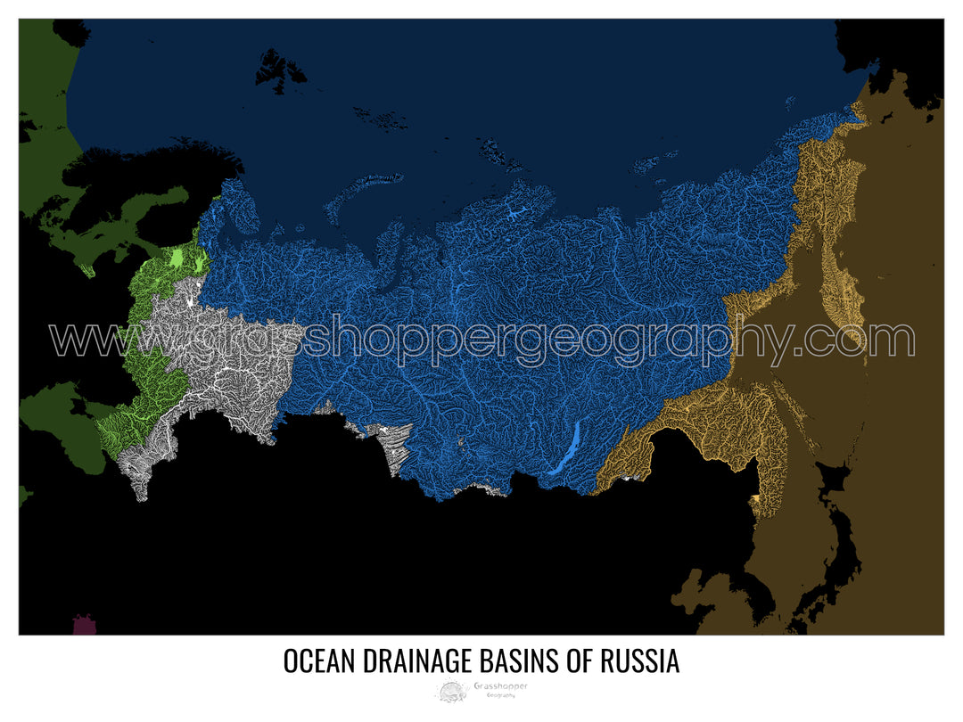 Rússia - Mapa da bacia de drenagem oceânica, preto v2 - Impressão emoldurada