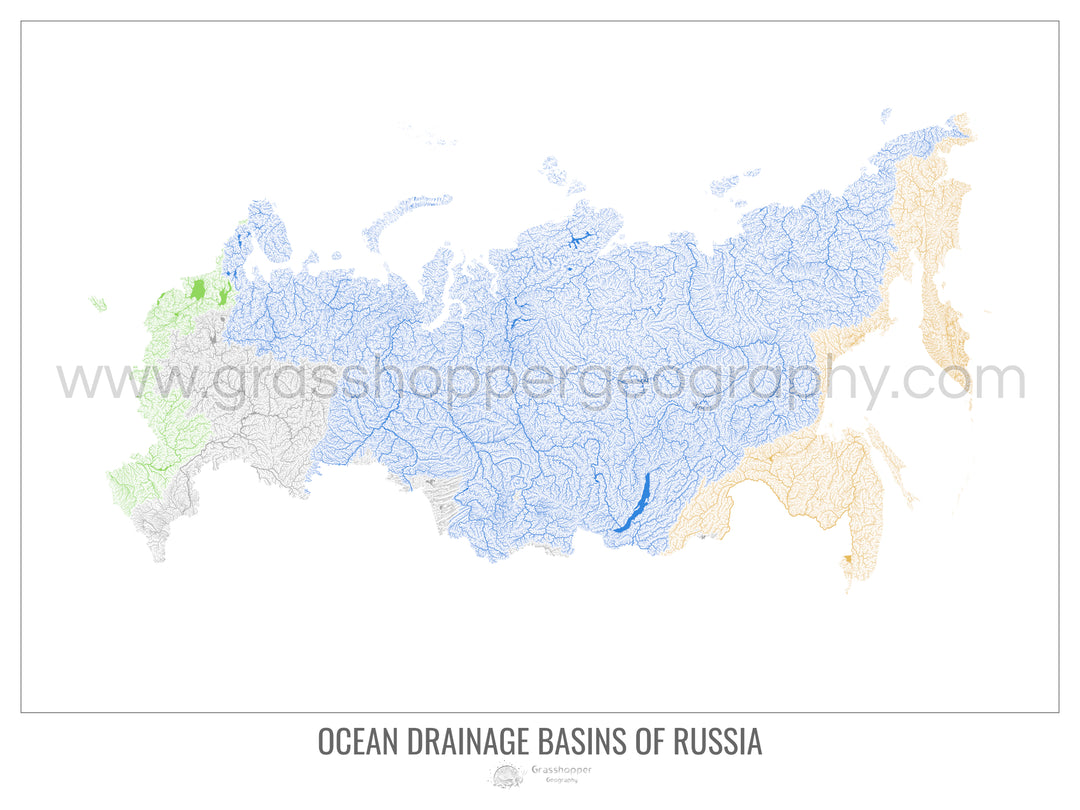 Россия - Карта океанического водосборного бассейна, белая, версия 1 - Рамочная печать