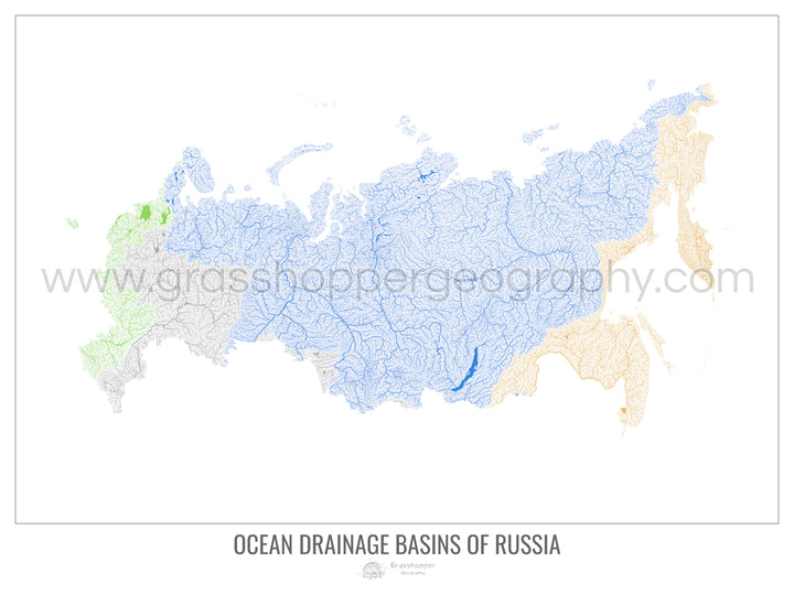 Россия - Карта океанического водосборного бассейна, белая, версия 1 - Рамочная печать