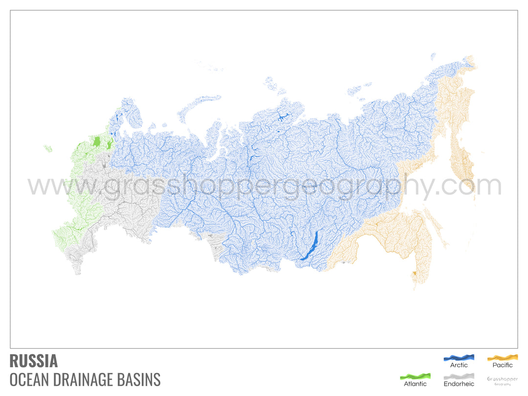 Russie - Carte des bassins hydrographiques océaniques, blanche avec légende v1 - Tirage d'art avec cintre