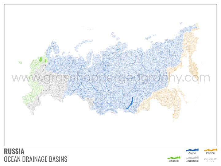 Russie - Carte des bassins hydrographiques océaniques, blanche avec légende v1 - Tirage d'art avec cintre