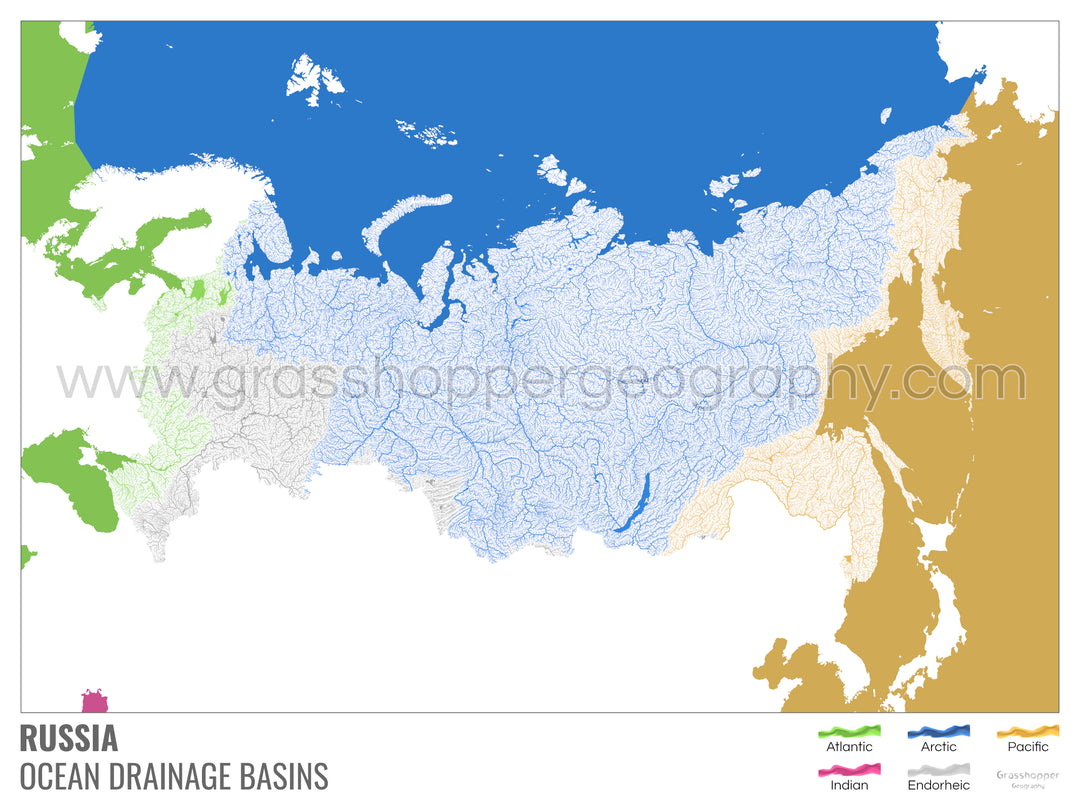 Rusia - Mapa de la cuenca hidrográfica del océano, blanco con leyenda v2 - Impresión artística con colgador