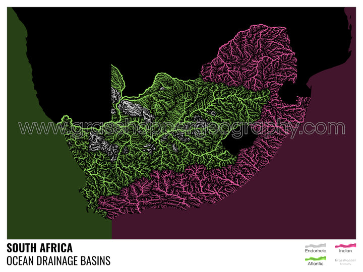 Sudáfrica - Mapa de la cuenca hidrográfica del océano, negro con leyenda v2 - Impresión artística con colgador