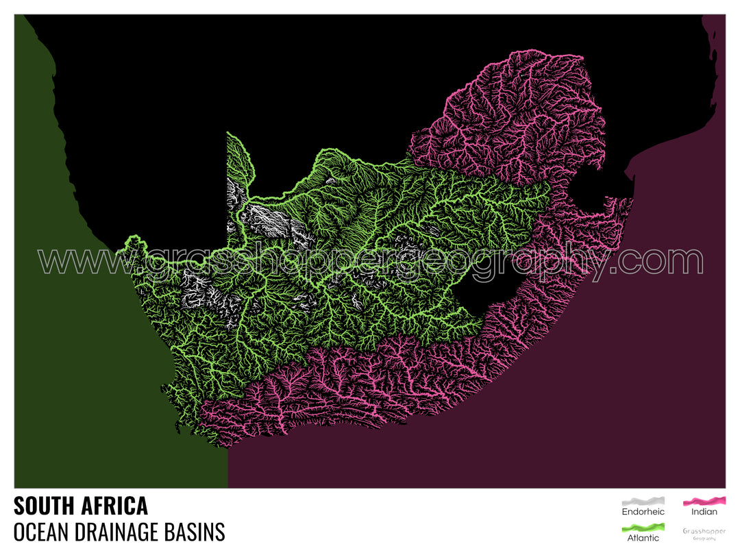 Sudáfrica - Mapa de la cuenca hidrográfica del océano, negro con leyenda v2 - Lámina enmarcada