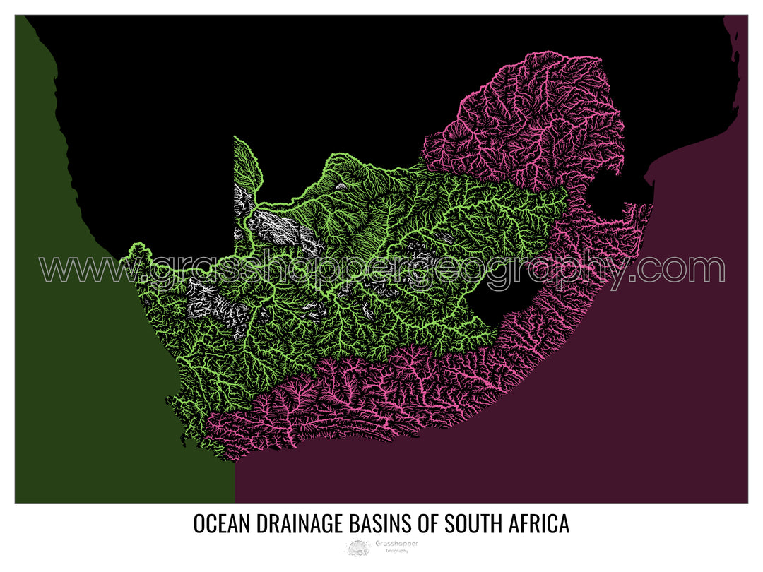 Sudáfrica - Mapa de la cuenca de drenaje oceánico, negro v2 - Lámina enmarcada
