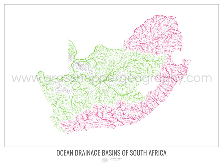 África do Sul - Mapa da bacia de drenagem oceânica, branco v1 - Impressão de belas artes com cabide