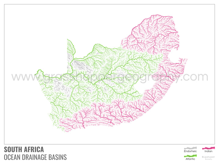 Sudáfrica - Mapa de la cuenca hidrográfica del océano, blanco con leyenda v1 - Impresión artística con colgador