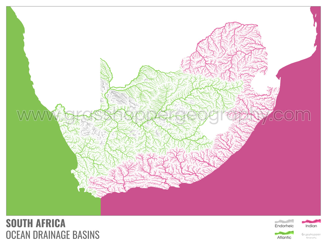 Afrique du Sud - Carte des bassins hydrographiques océaniques, blanche avec légende v2 - Tirage d'art avec cintre