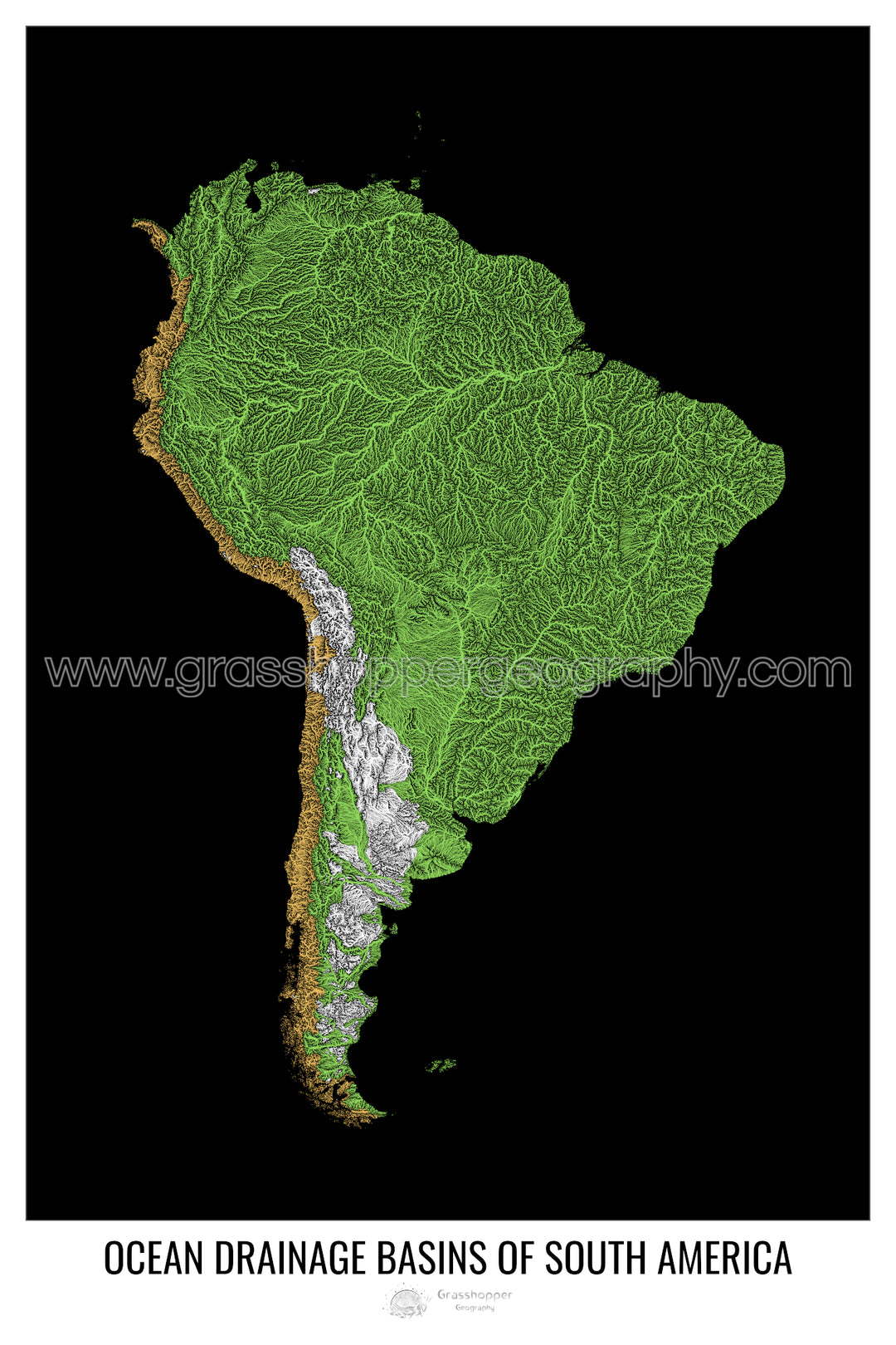 América del Sur - Mapa de la cuenca hidrográfica del océano, negro v1 - Lámina enmarcada