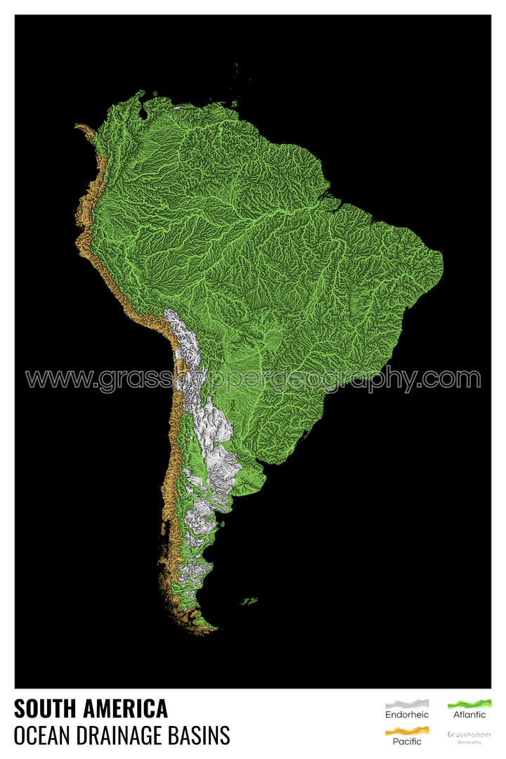 Amérique du Sud - Carte des bassins hydrographiques océaniques, noire avec légende v1 - Tirage d'art avec cintre
