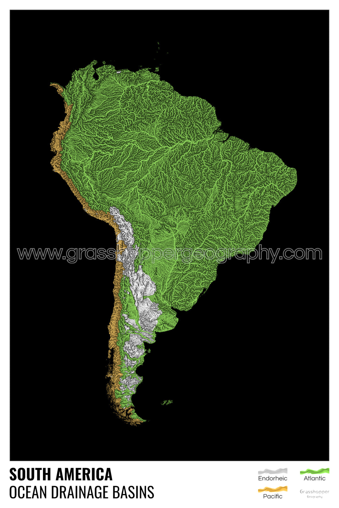 América del Sur - Mapa de la cuenca hidrográfica del océano, negro con leyenda v1 - Lámina enmarcada