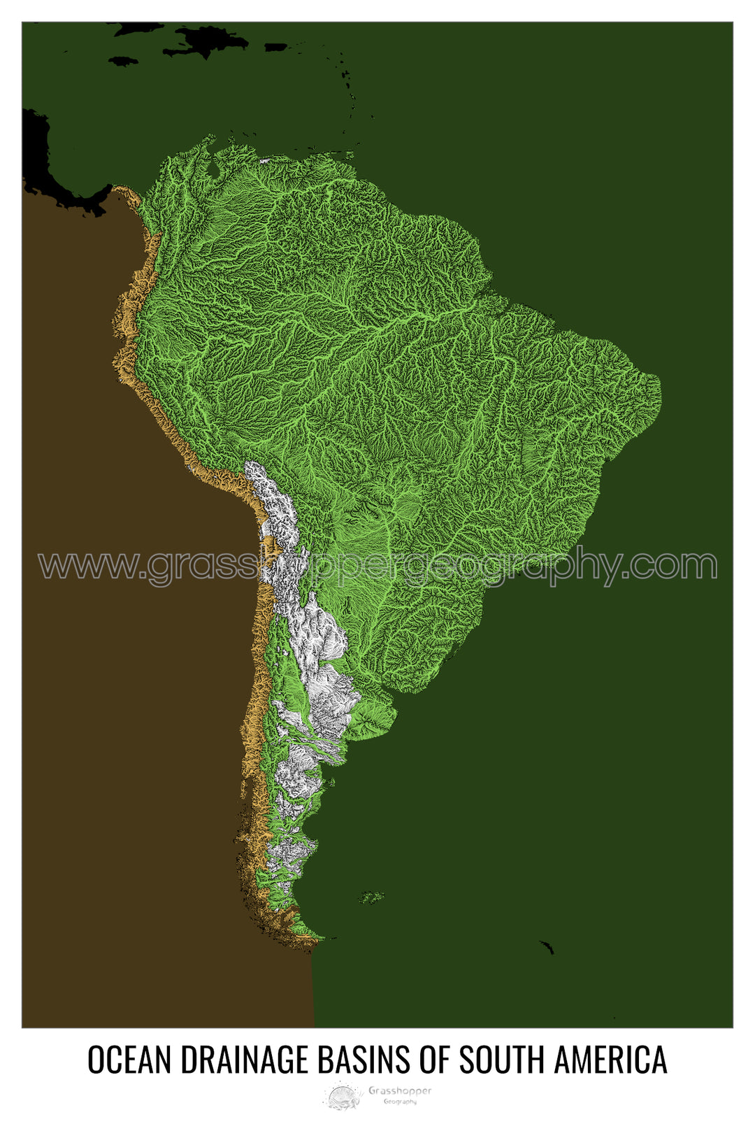 Amérique du Sud - Carte des bassins versants océaniques, noir v2 - Impression encadrée
