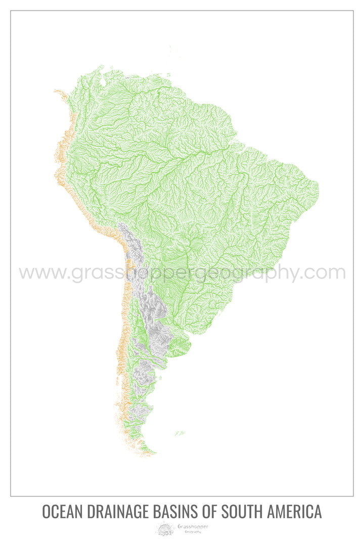 Amérique du Sud - Carte des bassins hydrographiques océaniques, blanc v1 - Tirage d'art avec cintre