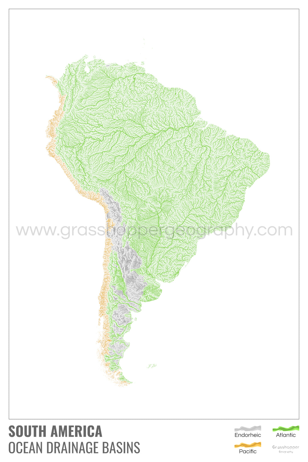 América del Sur - Mapa de la cuenca hidrográfica del océano, blanco con leyenda v1 - Impresión artística con colgador