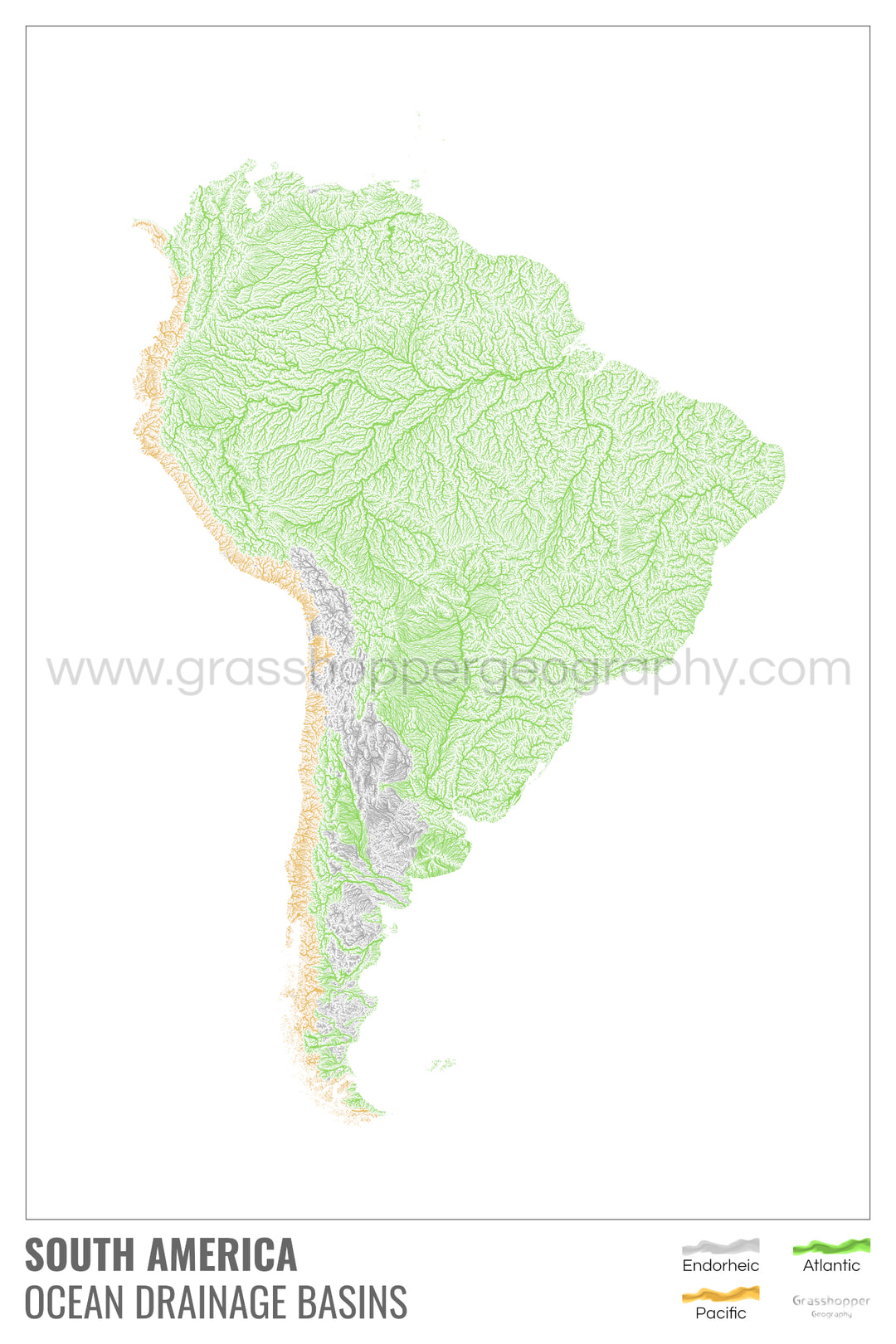 América do Sul - Mapa da bacia de drenagem oceânica, branco com legenda v1 - Impressão emoldurada