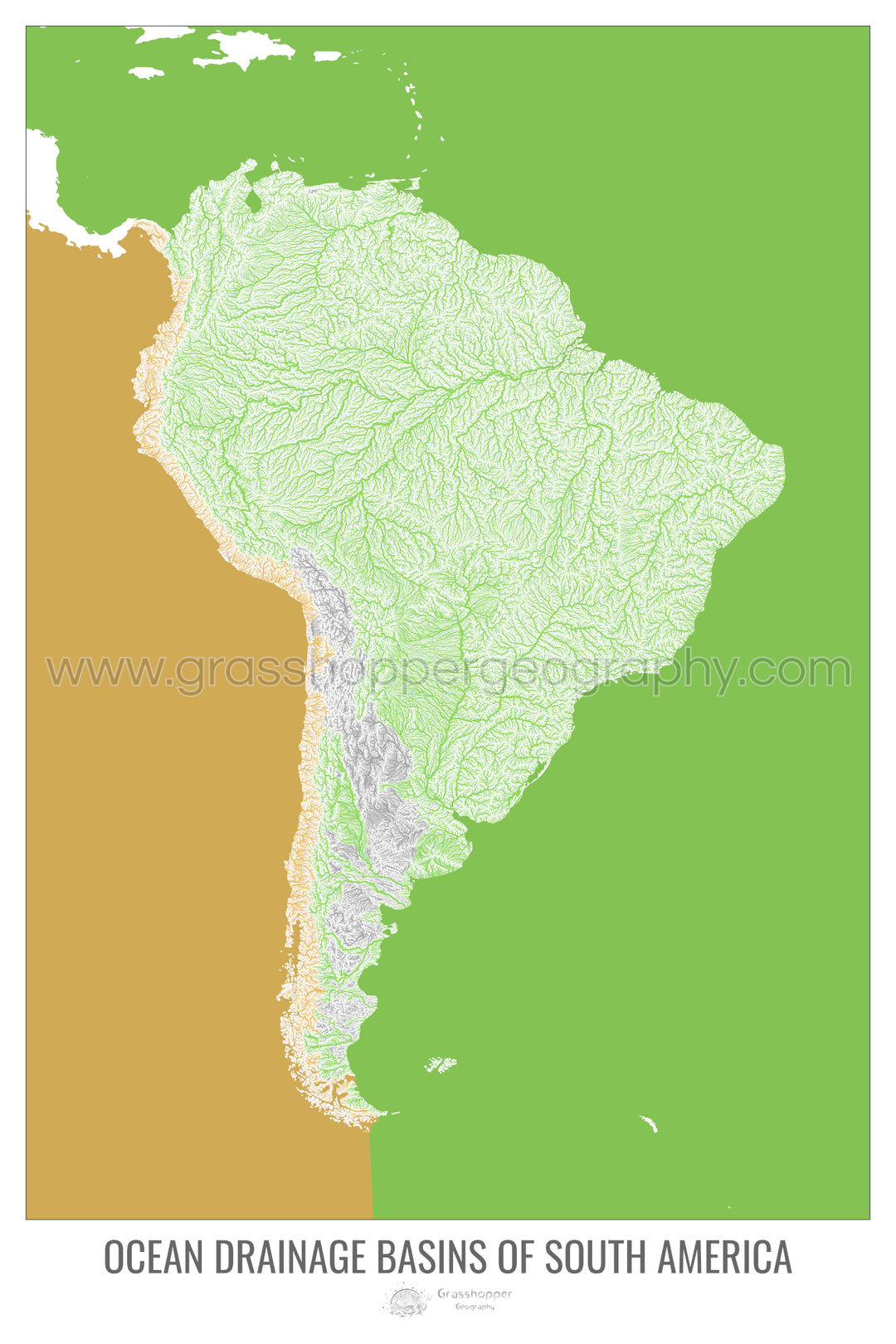 Amérique du Sud - Carte des bassins versants océaniques, blanc v2 - Impression encadrée
