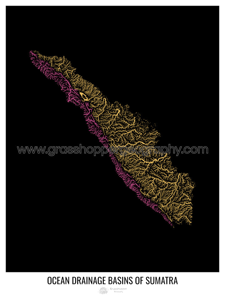 Sumatra - Carte du bassin versant océanique, noir v1 - Impression encadrée