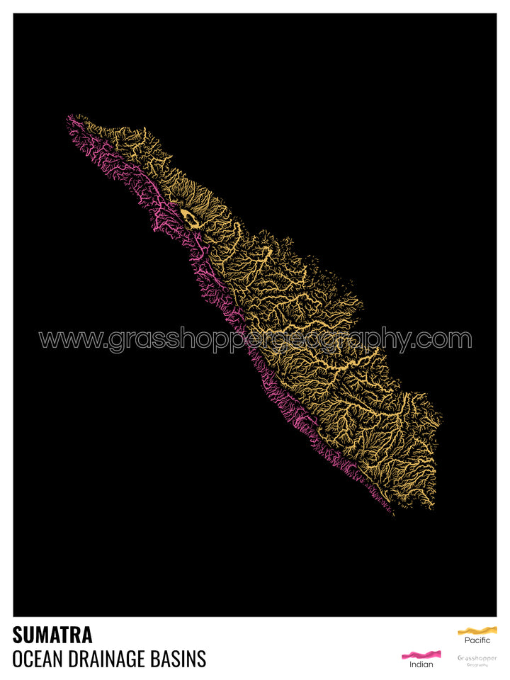 Sumatra - Mapa de la cuenca hidrográfica del océano, negro con leyenda v1 - Impresión artística con colgador