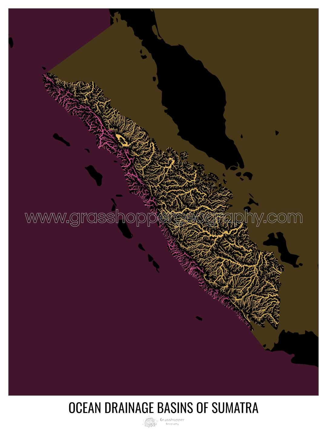 Sumatra - Ocean drainage basin map, black v2 - Fine Art Print with Hanger