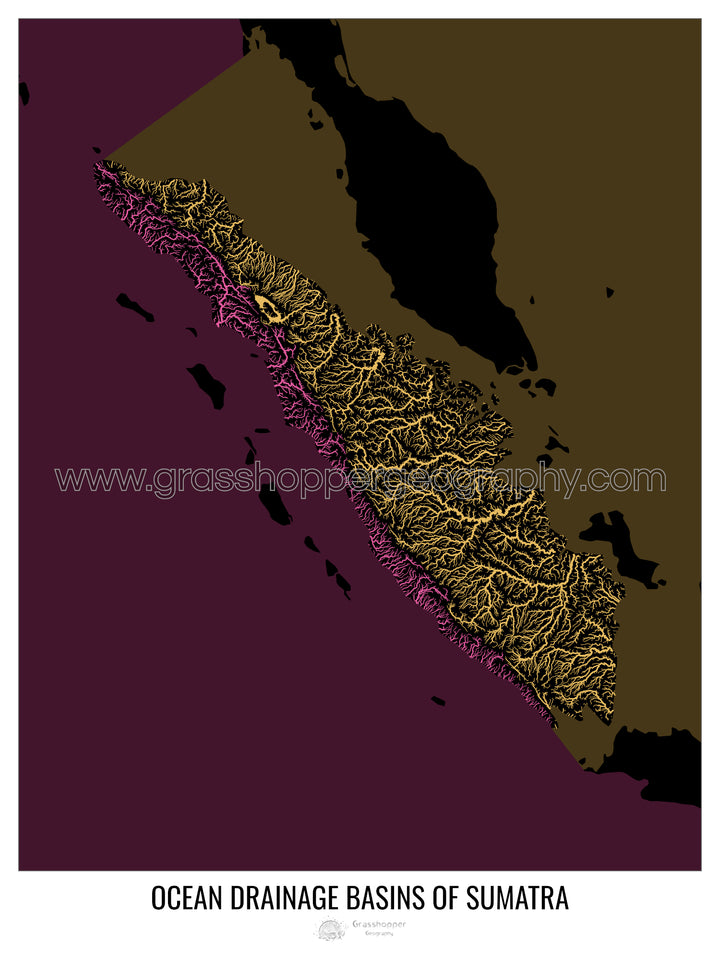 Sumatra - Mapa de la cuenca hidrográfica del océano, negro v2 - Impresión artística con colgador