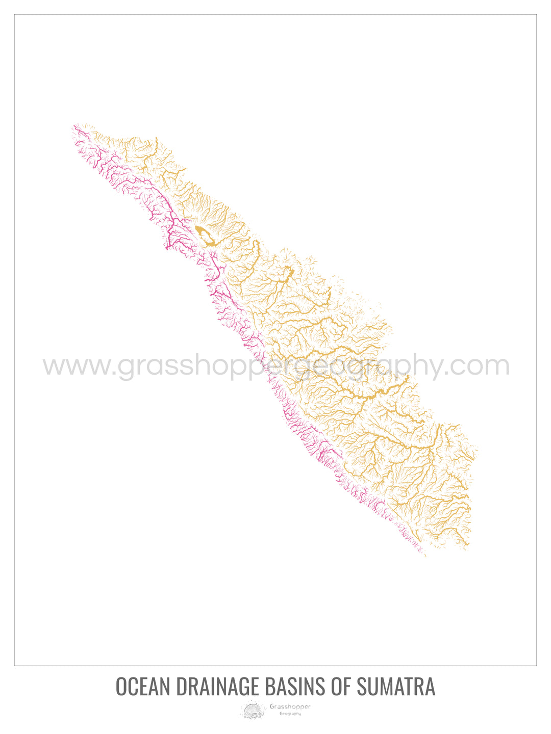 Sumatra - Mapa de la cuenca hidrográfica del océano, blanco v1 - Impresión artística con colgador