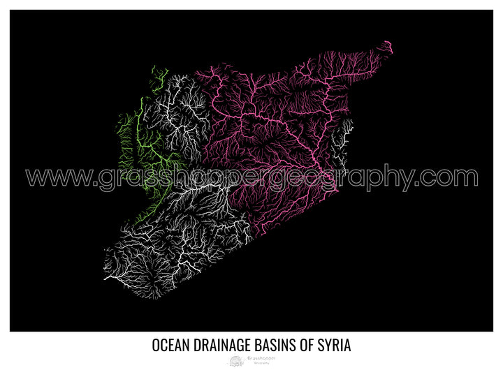 Syria - Ocean drainage basin map, black v1 - Framed Print