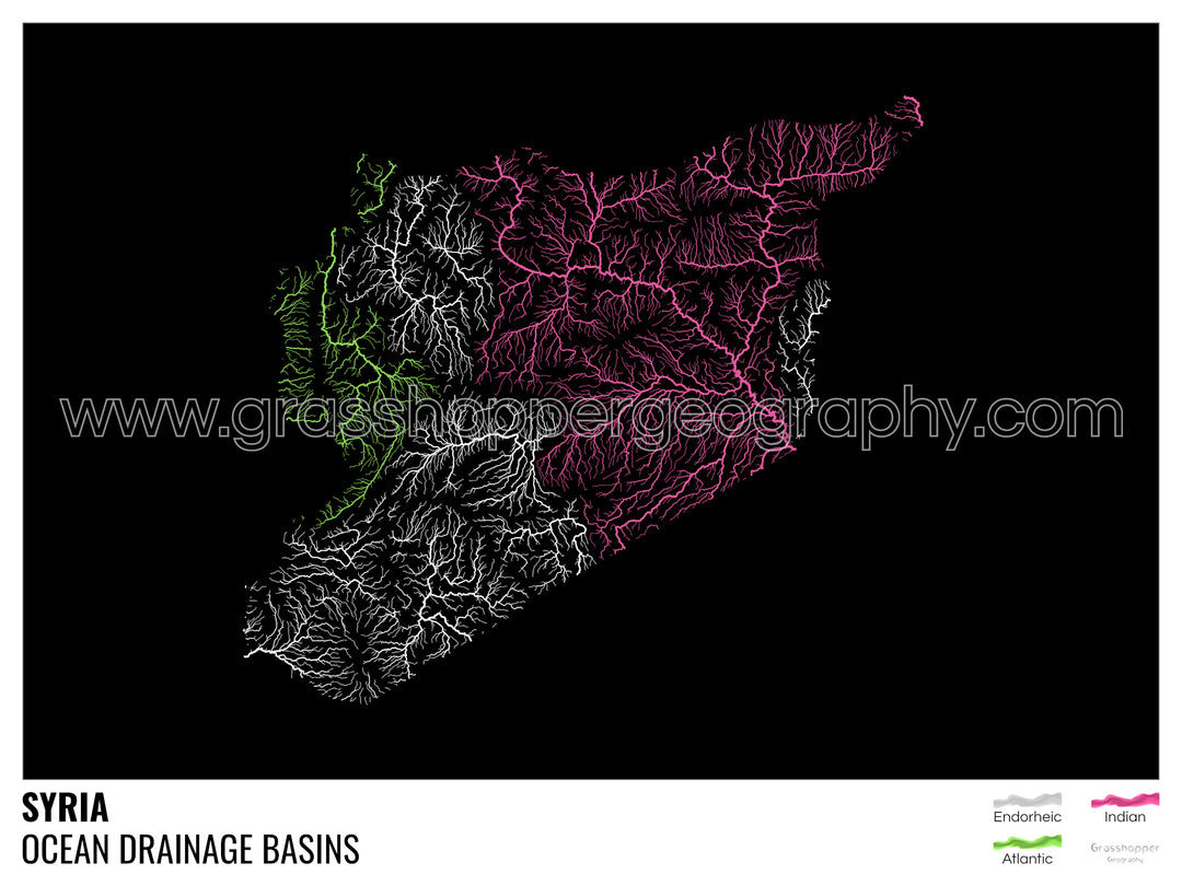 Syria - Ocean drainage basin map, black with legend v1 - Fine Art Print with Hanger