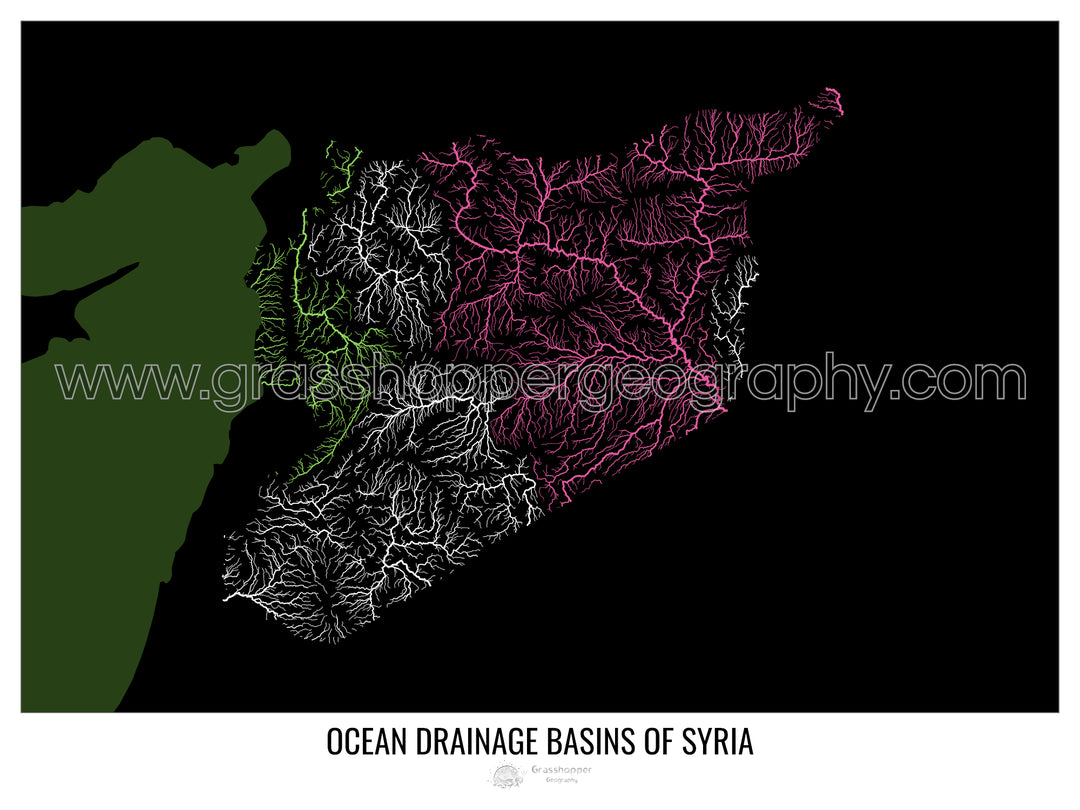 Siria - Mapa de la cuenca de drenaje oceánico, negro v2 - Lámina enmarcada