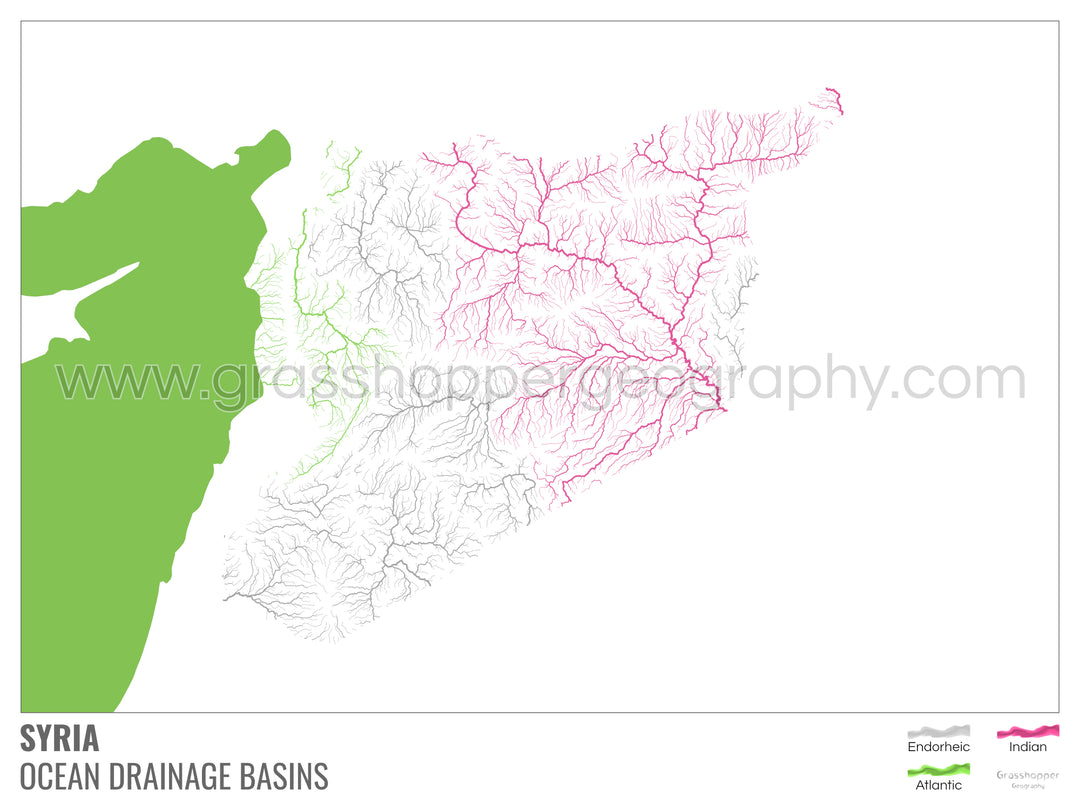 Syria - Ocean drainage basin map, white with legend v2 - Framed Print