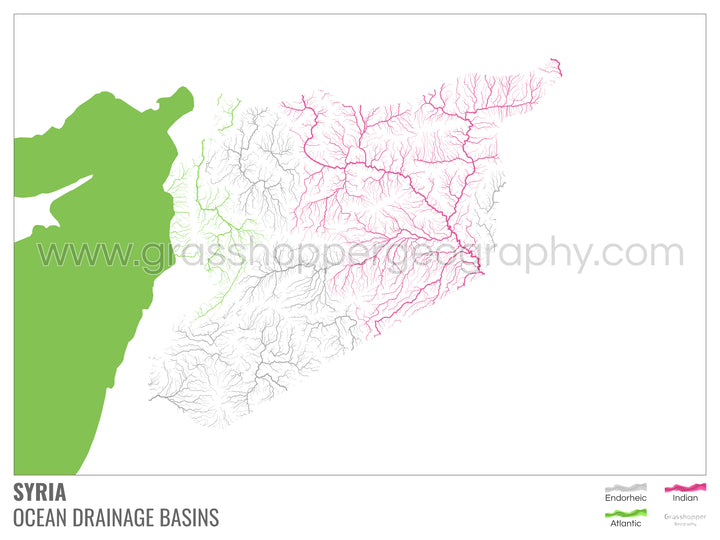 Siria - Mapa de la cuenca hidrográfica del océano, blanco con leyenda v2 - Lámina enmarcada