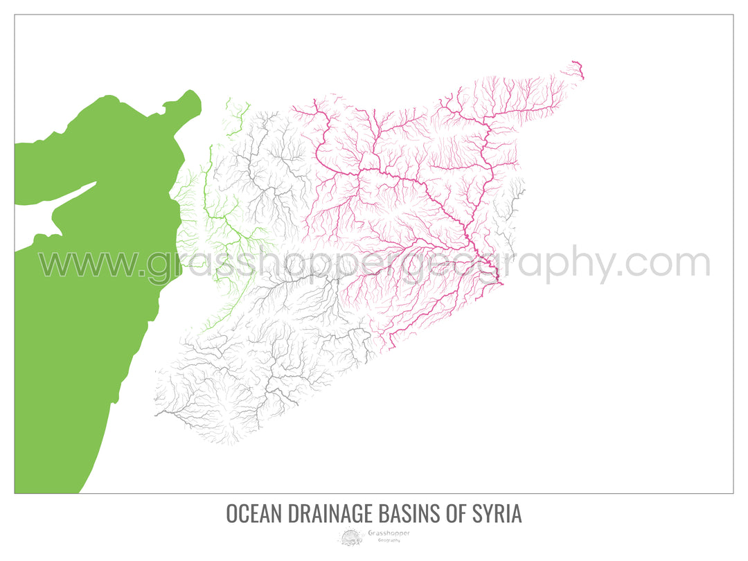 Siria - Mapa de la cuenca hidrográfica del océano, blanco v2 - Impresión artística con colgador