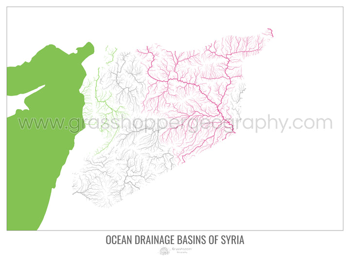 Siria - Mapa de la cuenca hidrográfica del océano, blanco v2 - Impresión artística con colgador