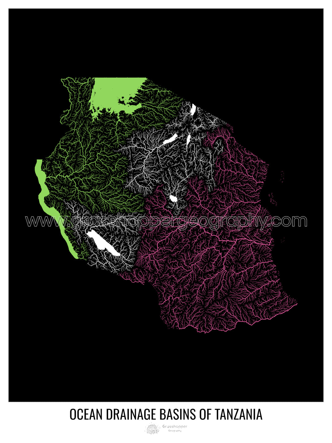 Tanzanie - Carte du bassin versant océanique, noir v1 - Impression encadrée