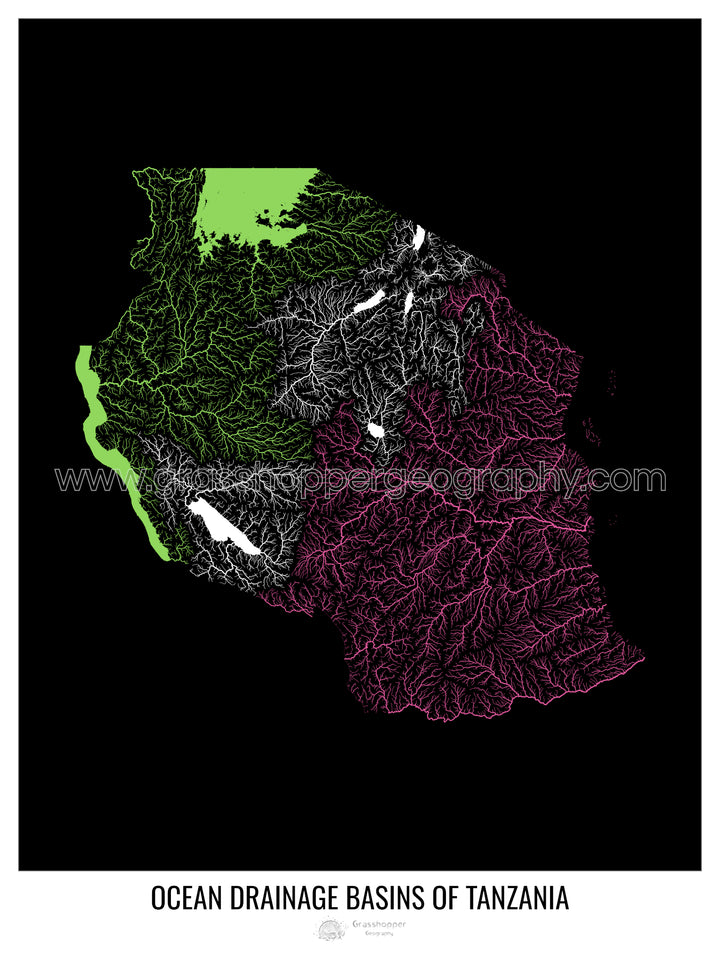 Tanzanie - Carte du bassin versant océanique, noir v1 - Impression encadrée