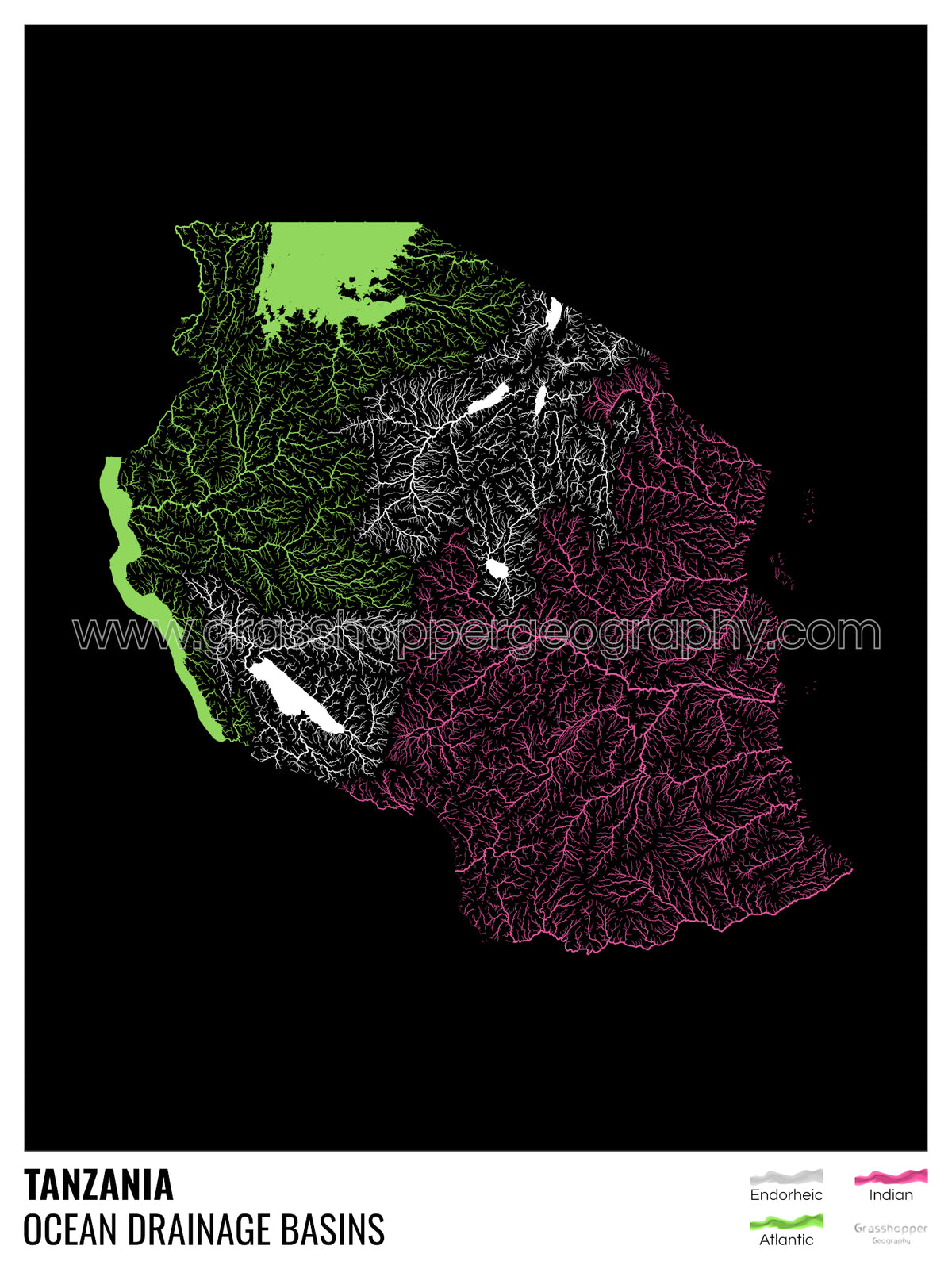 Tanzania - Ocean drainage basin map, black with legend v1 - Framed Pri ...