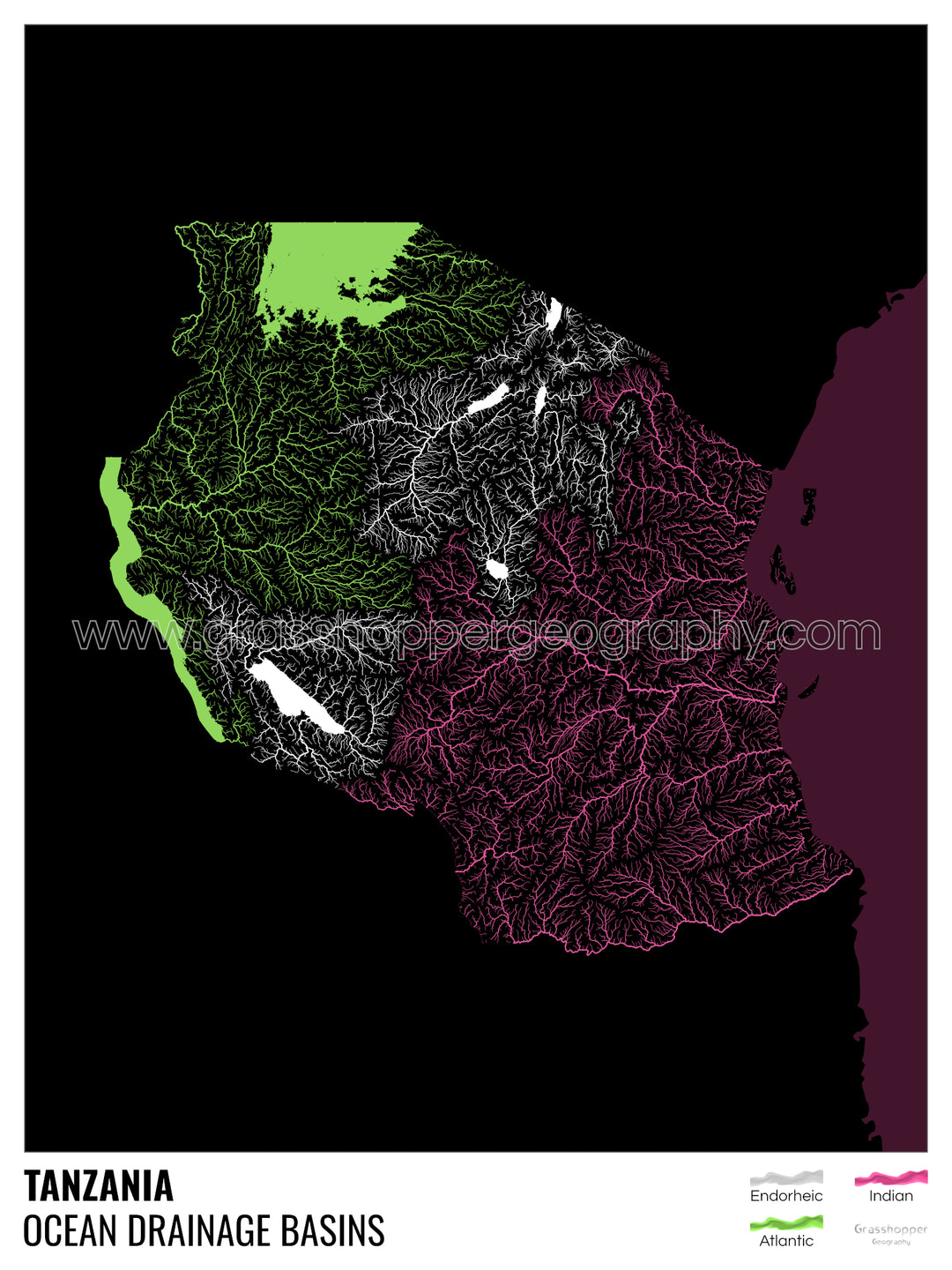 Tanzania - Ocean drainage basin map, black with legend v2 - Framed Print