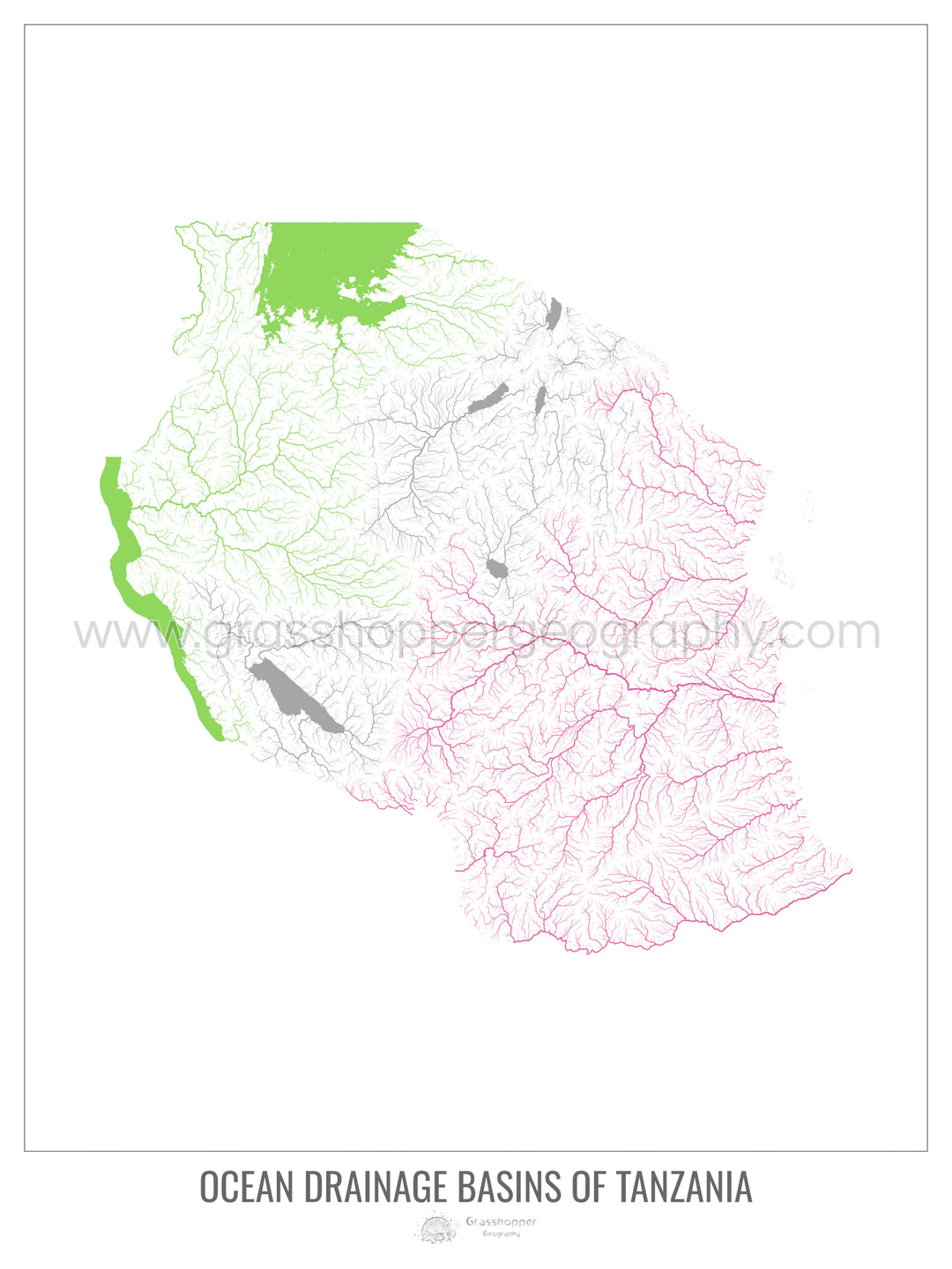 Tanzania - Mapa de la cuenca hidrográfica del océano, blanco v1 - Impresión artística con colgador