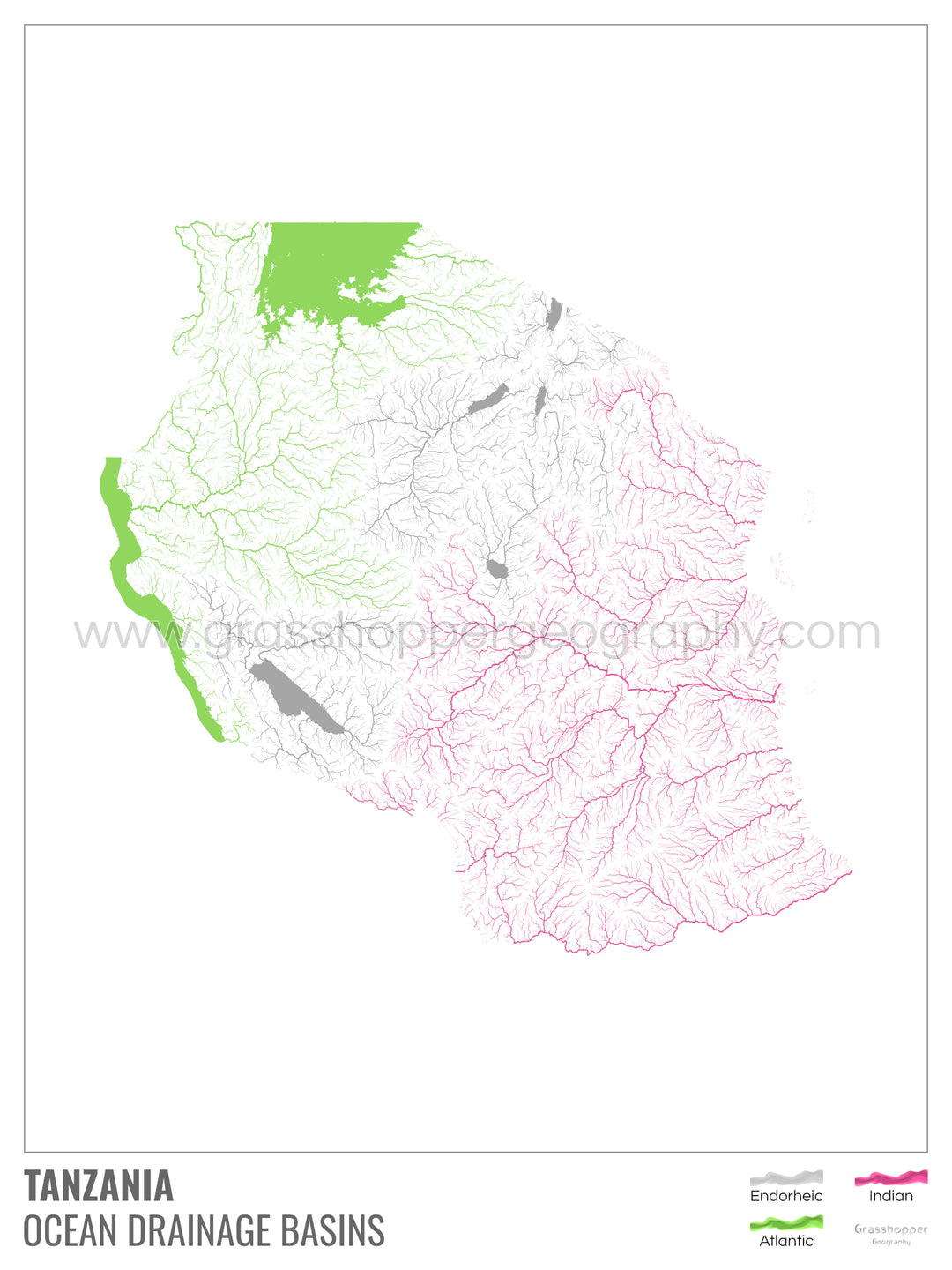 Tanzania - Ocean drainage basin map, white with legend v1 - Framed Print