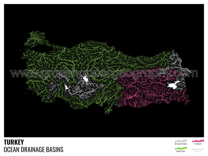 Turkey - Ocean drainage basin map, black with legend v1 - Fine Art Print with Hanger